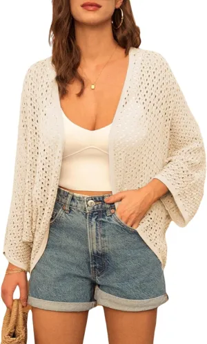 GRACE KARIN Open Front 3/4 Sleeve Batwing Cardigan for Women Lightweight Crochet Summer Cardigan Hollow-Out Cover Ups