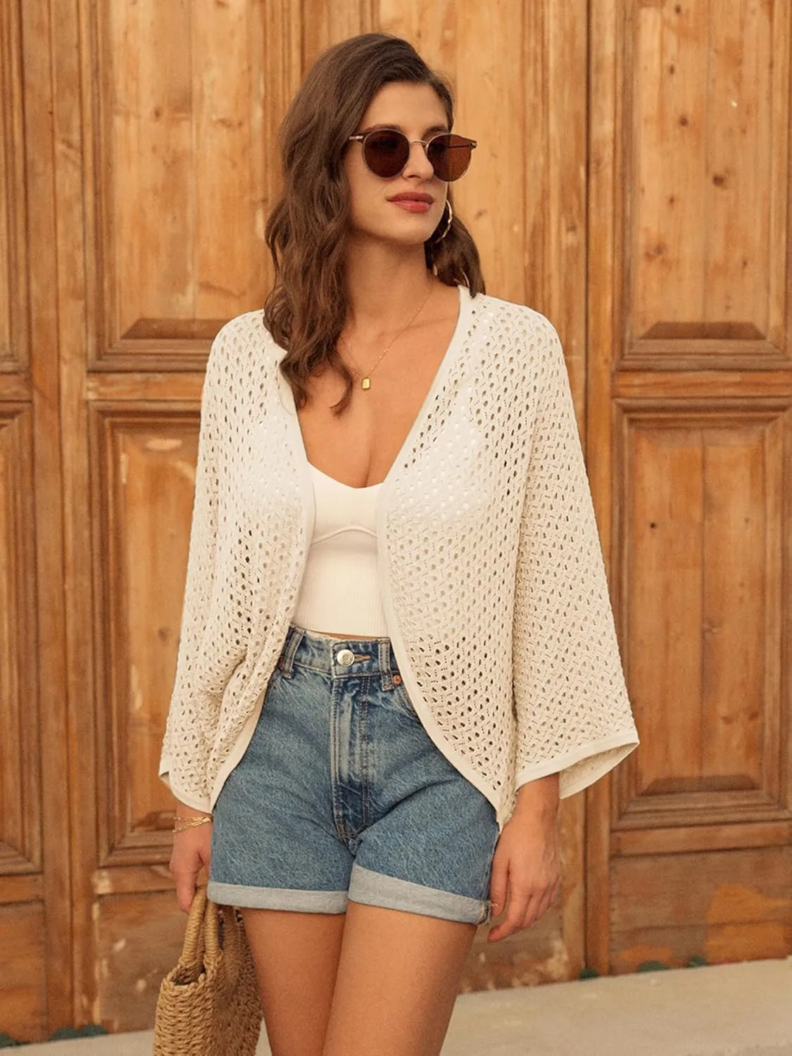 GRACE KARIN Open Front 3/4 Sleeve Batwing Cardigan for Women Lightweight Crochet Summer Cardigan Hollow-Out Cover Ups