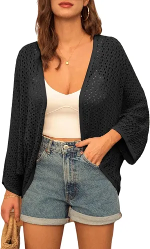 GRACE KARIN Open Front 3/4 Sleeve Batwing Cardigan for Women Lightweight Crochet Summer Cardigan Hollow-Out Cover Ups