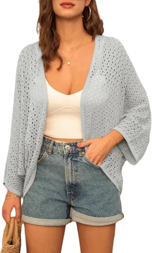 GRACE KARIN Open Front 3/4 Sleeve Batwing Cardigan for Women Lightweight Crochet Summer Cardigan Hollow-Out Cover Ups