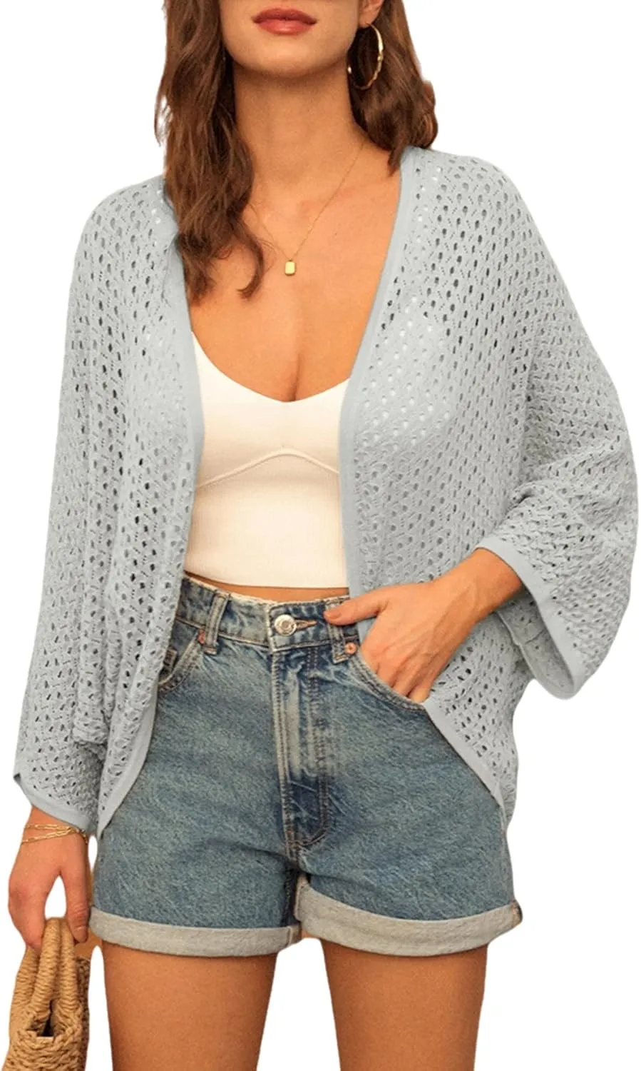 GRACE KARIN Open Front 3/4 Sleeve Batwing Cardigan for Women Lightweight Crochet Summer Cardigan Hollow-Out Cover Ups