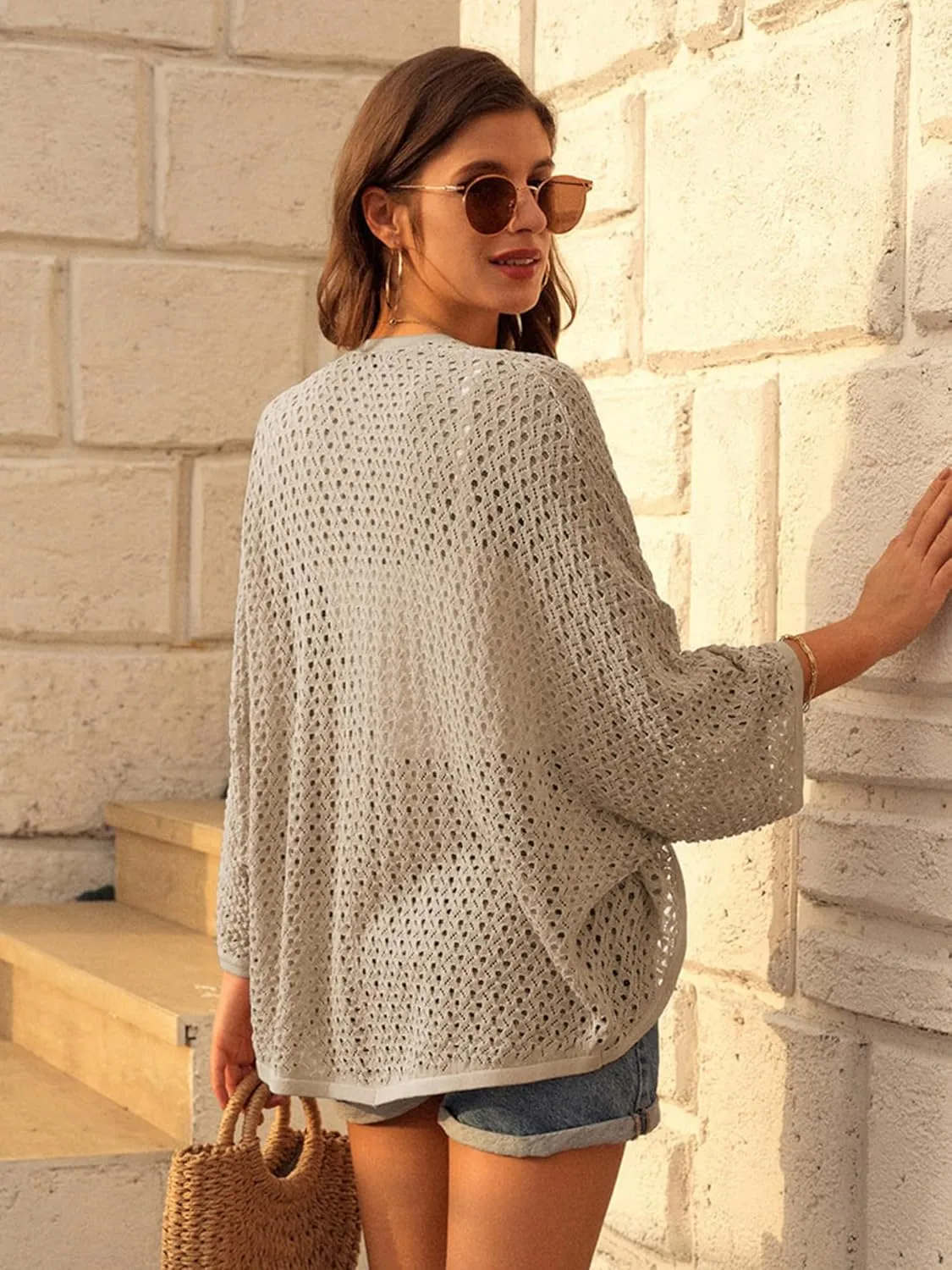 GRACE KARIN Open Front 3/4 Sleeve Batwing Cardigan for Women Lightweight Crochet Summer Cardigan Hollow-Out Cover Ups