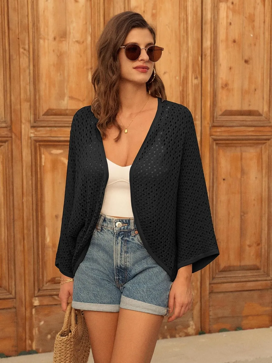 GRACE KARIN Open Front 3/4 Sleeve Batwing Cardigan for Women Lightweight Crochet Summer Cardigan Hollow-Out Cover Ups