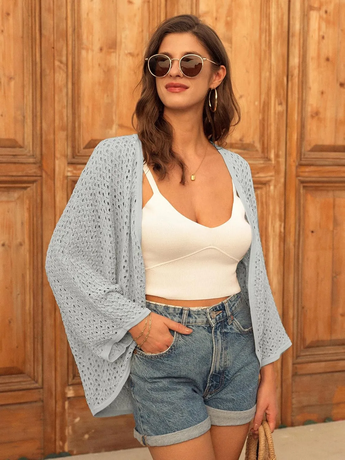 GRACE KARIN Open Front 3/4 Sleeve Batwing Cardigan for Women Lightweight Crochet Summer Cardigan Hollow-Out Cover Ups