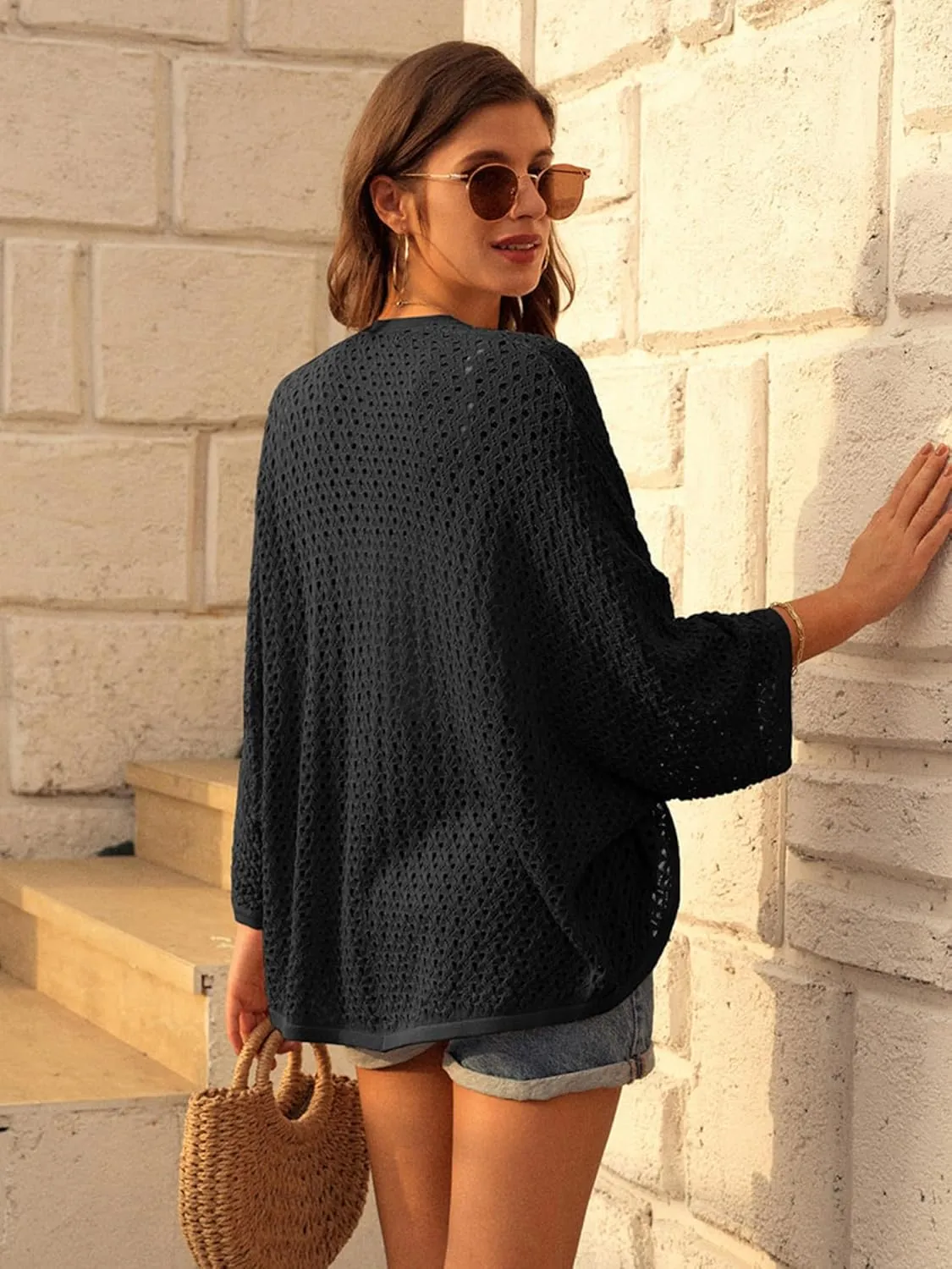 GRACE KARIN Open Front 3/4 Sleeve Batwing Cardigan for Women Lightweight Crochet Summer Cardigan Hollow-Out Cover Ups