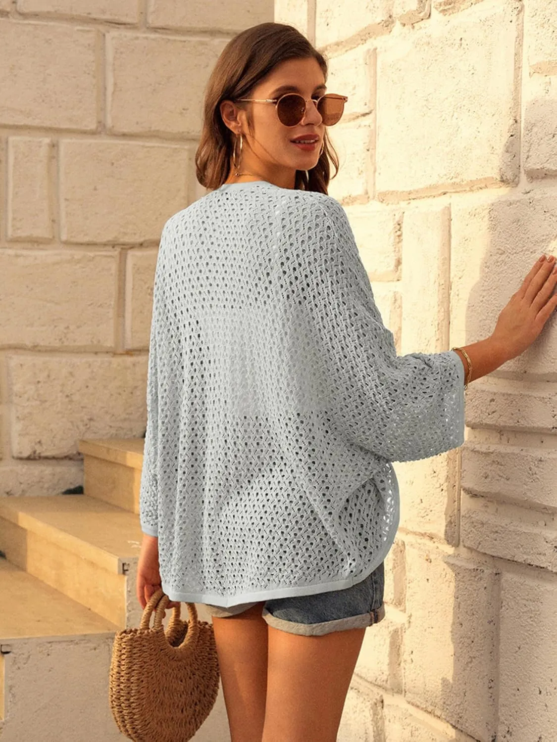 GRACE KARIN Open Front 3/4 Sleeve Batwing Cardigan for Women Lightweight Crochet Summer Cardigan Hollow-Out Cover Ups