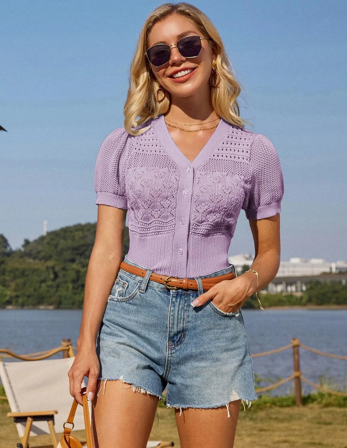 GRACE KARIN Women 2025 Short Sleeve Cardigan Sweater Lightweight Crochet Shrug Puff Sleeve Button Hollowed-Out Knit Tops
