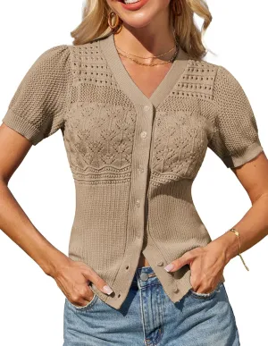 GRACE KARIN Women 2025 Short Sleeve Cardigan Sweater Lightweight Crochet Shrug Puff Sleeve Button Hollowed-Out Knit Tops