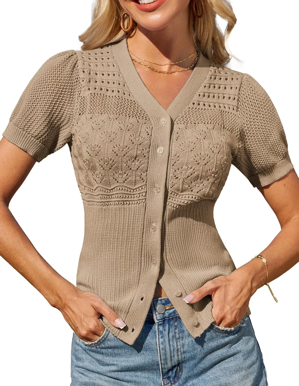 GRACE KARIN Women 2025 Short Sleeve Cardigan Sweater Lightweight Crochet Shrug Puff Sleeve Button Hollowed-Out Knit Tops