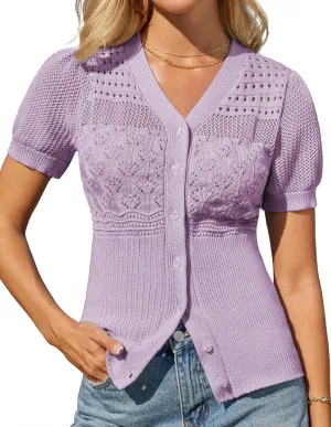 GRACE KARIN Women 2025 Short Sleeve Cardigan Sweater Lightweight Crochet Shrug Puff Sleeve Button Hollowed-Out Knit Tops