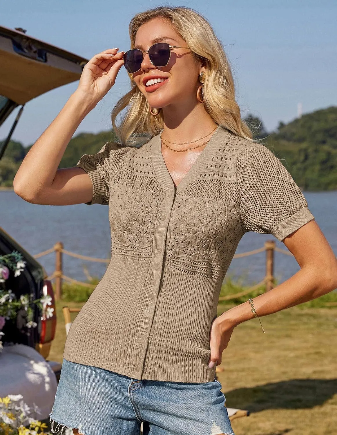 GRACE KARIN Women 2025 Short Sleeve Cardigan Sweater Lightweight Crochet Shrug Puff Sleeve Button Hollowed-Out Knit Tops