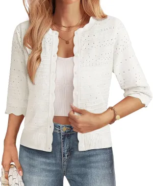GRACE KARIN Women's 3/4 Short Sleeve Cropped Cardigan Lightweight Button up Crochet Knit Sweater Shrug for Summer Spring