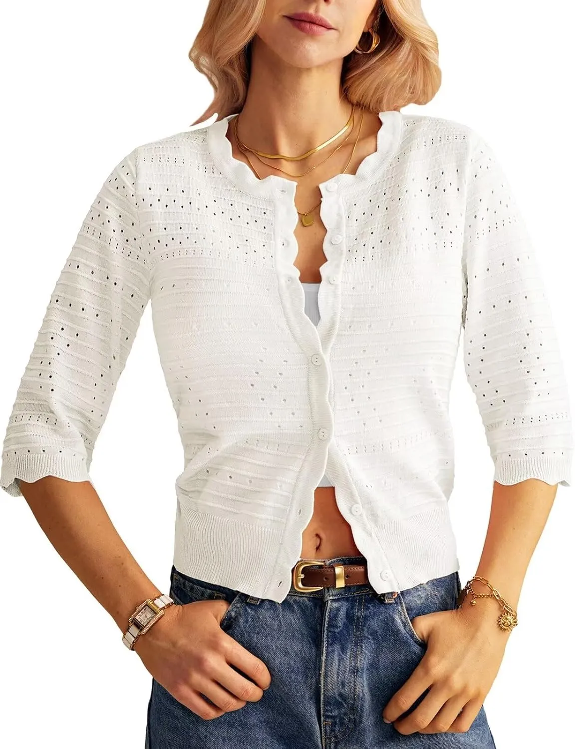 GRACE KARIN Women's 3/4 Short Sleeve Cropped Cardigan Lightweight Button up Crochet Knit Sweater Shrug for Summer Spring