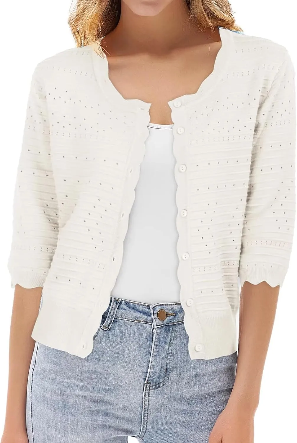 GRACE KARIN Women's 3/4 Short Sleeve Cropped Cardigan Lightweight Button up Crochet Knit Sweater Shrug for Summer Spring