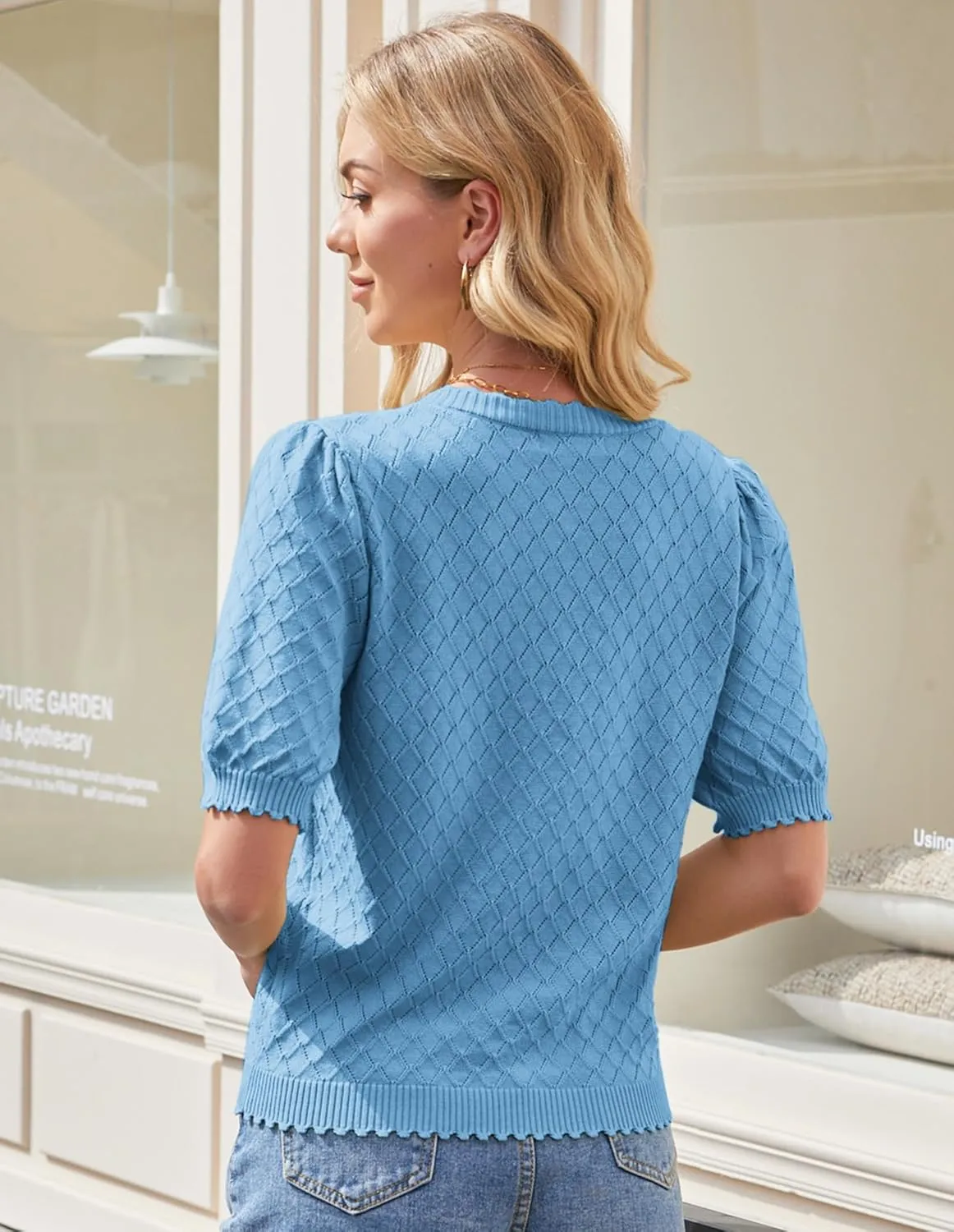 GRACE KARIN Women's Puff Short Sleeve Cardigan Tops 2025 Summer Lightweight Crew Neck Button Down Knit Sweater Blouses