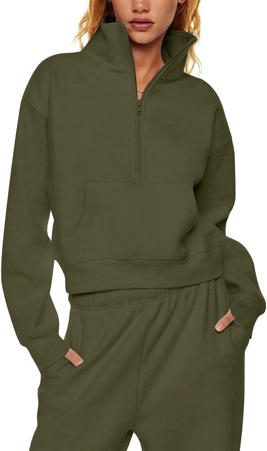 Half Zip Pullover Women Fleece Cropped Oversized Sweatshirt Pocket Quarter Zip Cute Sweatshirts with Thumb Holes