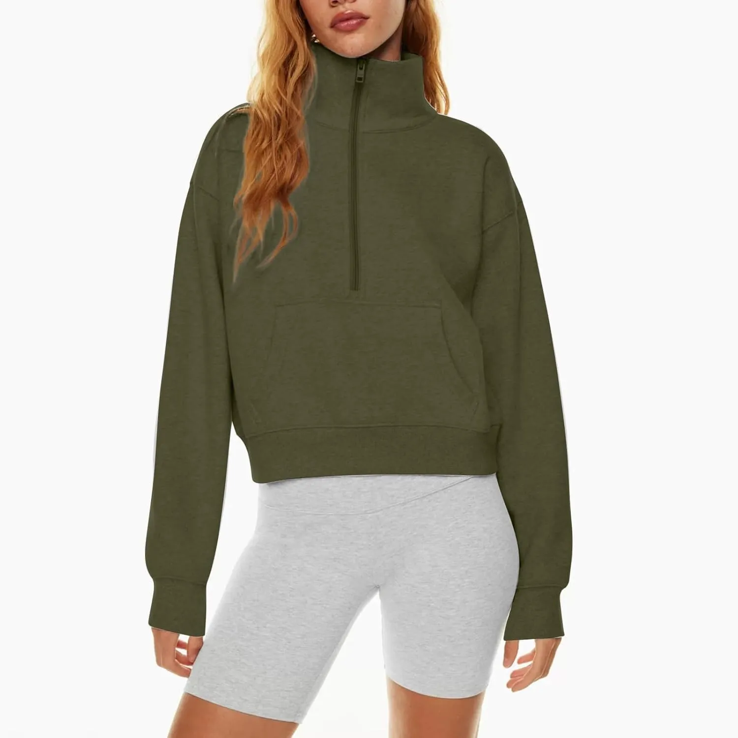 Half Zip Pullover Women Fleece Cropped Oversized Sweatshirt Pocket Quarter Zip Cute Sweatshirts with Thumb Holes