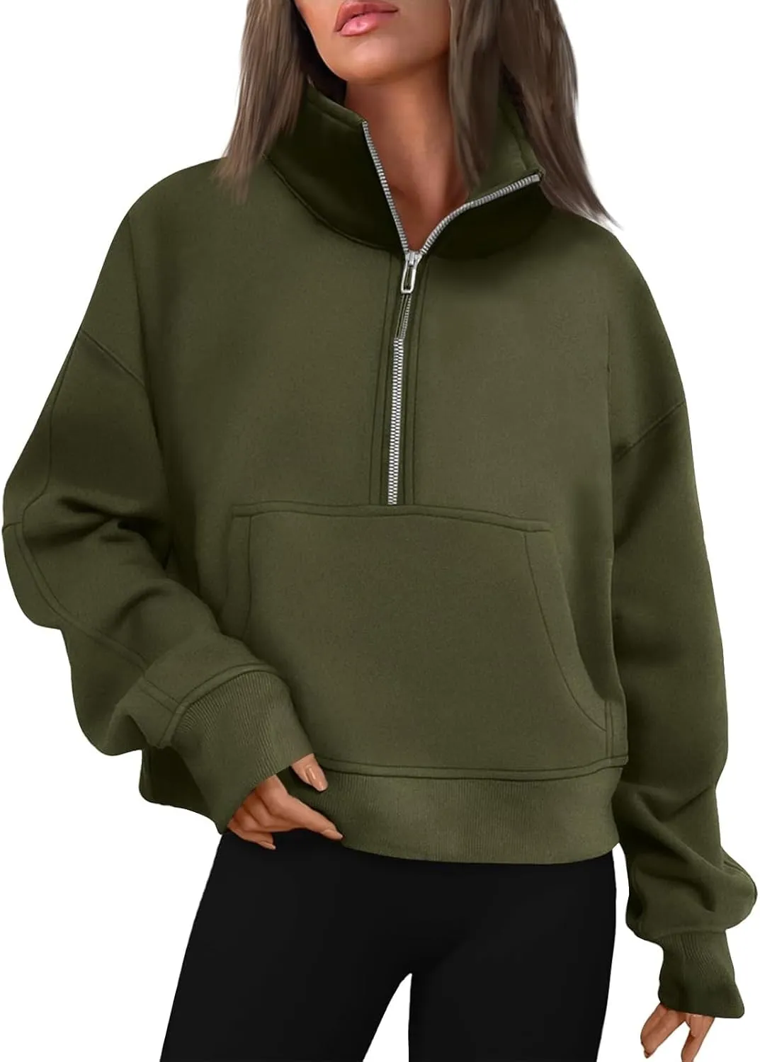 Half Zip Pullover Women Fleece Cropped Oversized Sweatshirt Pocket Quarter Zip Cute Sweatshirts with Thumb Holes
