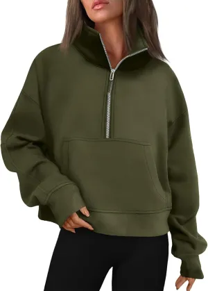 Half Zip Pullover Women Fleece Cropped Oversized Sweatshirt Pocket Quarter Zip Cute Sweatshirts with Thumb Holes