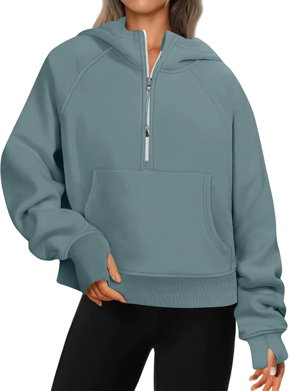 Half Zip Pullover Women Fleece Thumb Hole Cropped Hoodie Y2k Raglan Quarter Zipped Hooded Sweatshirt with Pockets