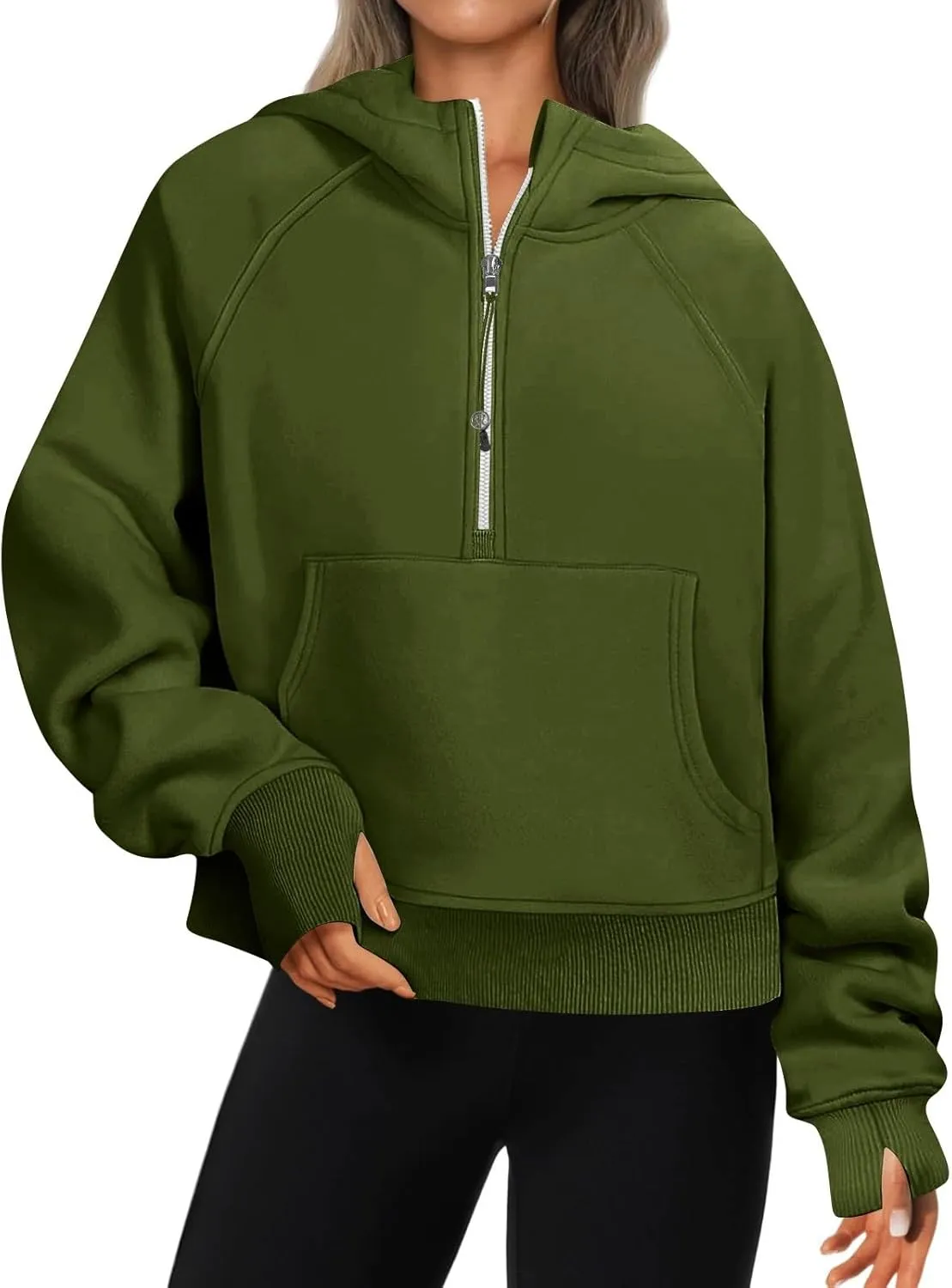 Half Zip Pullover Women Fleece Thumb Hole Cropped Hoodie Y2k Raglan Quarter Zipped Hooded Sweatshirt with Pockets
