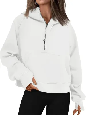 Half Zip Pullover Women Fleece Thumb Hole Cropped Hoodie Y2k Raglan Quarter Zipped Hooded Sweatshirt with Pockets
