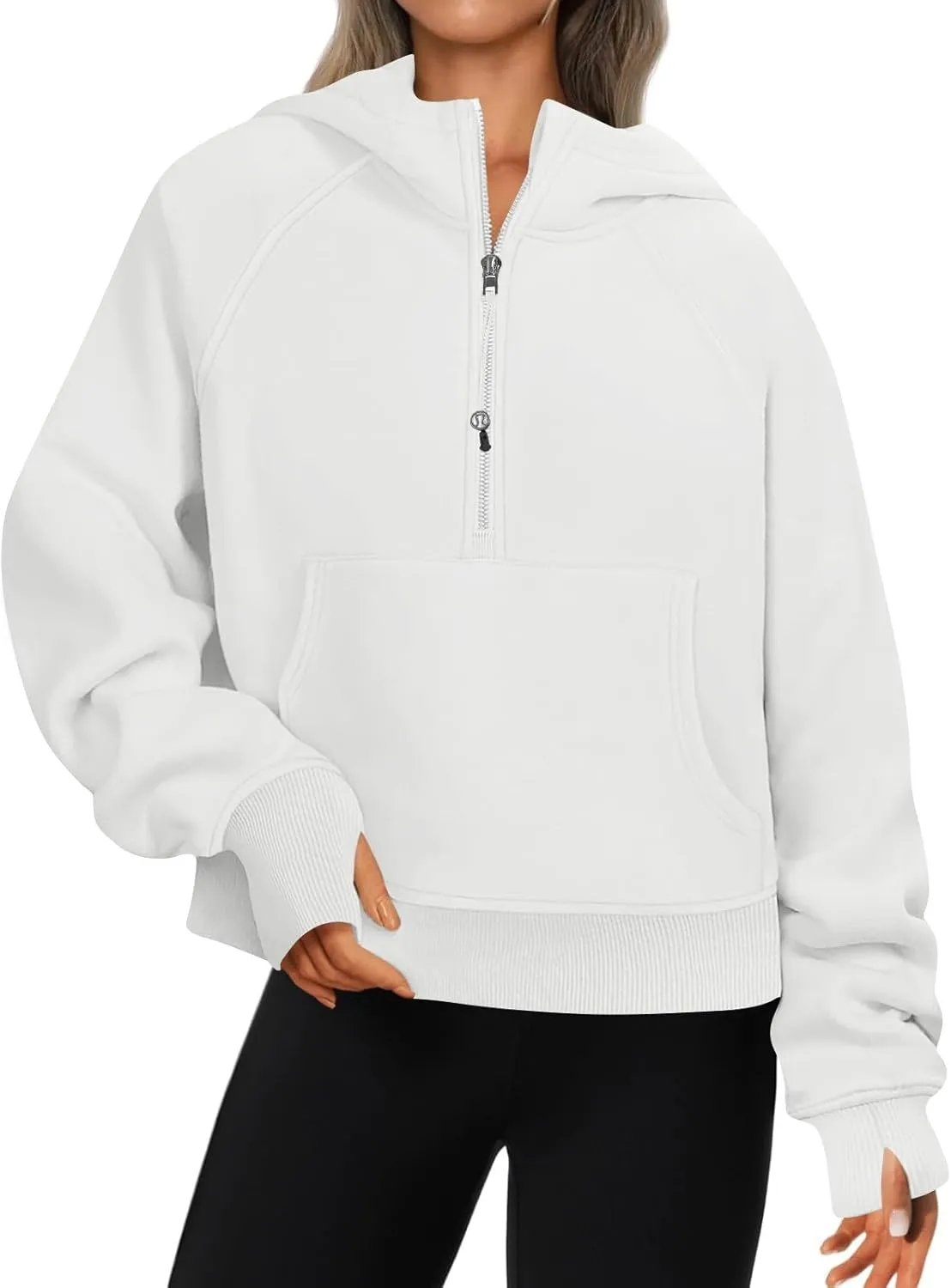 Half Zip Pullover Women Fleece Thumb Hole Cropped Hoodie Y2k Raglan Quarter Zipped Hooded Sweatshirt with Pockets