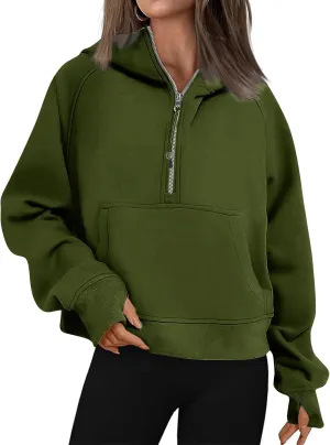 Half Zip Pullover Women Fleece Thumb Hole Cropped Hoodie Y2k Raglan Quarter Zipped Hooded Sweatshirt with Pockets