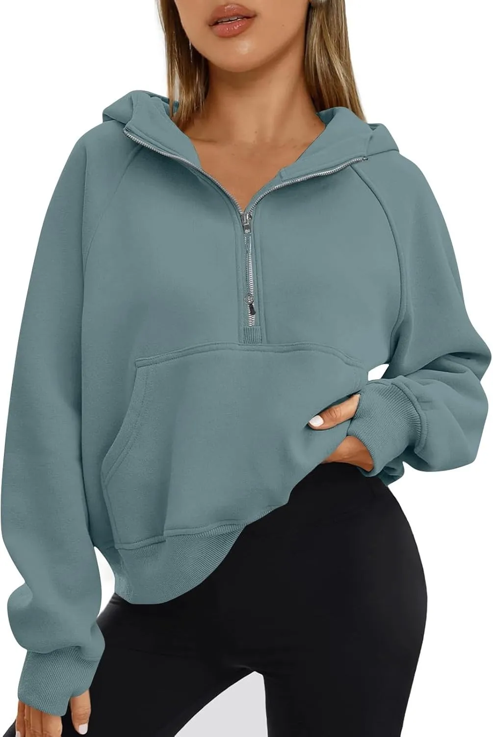 Half Zip Pullover Women Fleece Thumb Hole Cropped Hoodie Y2k Raglan Quarter Zipped Hooded Sweatshirt with Pockets