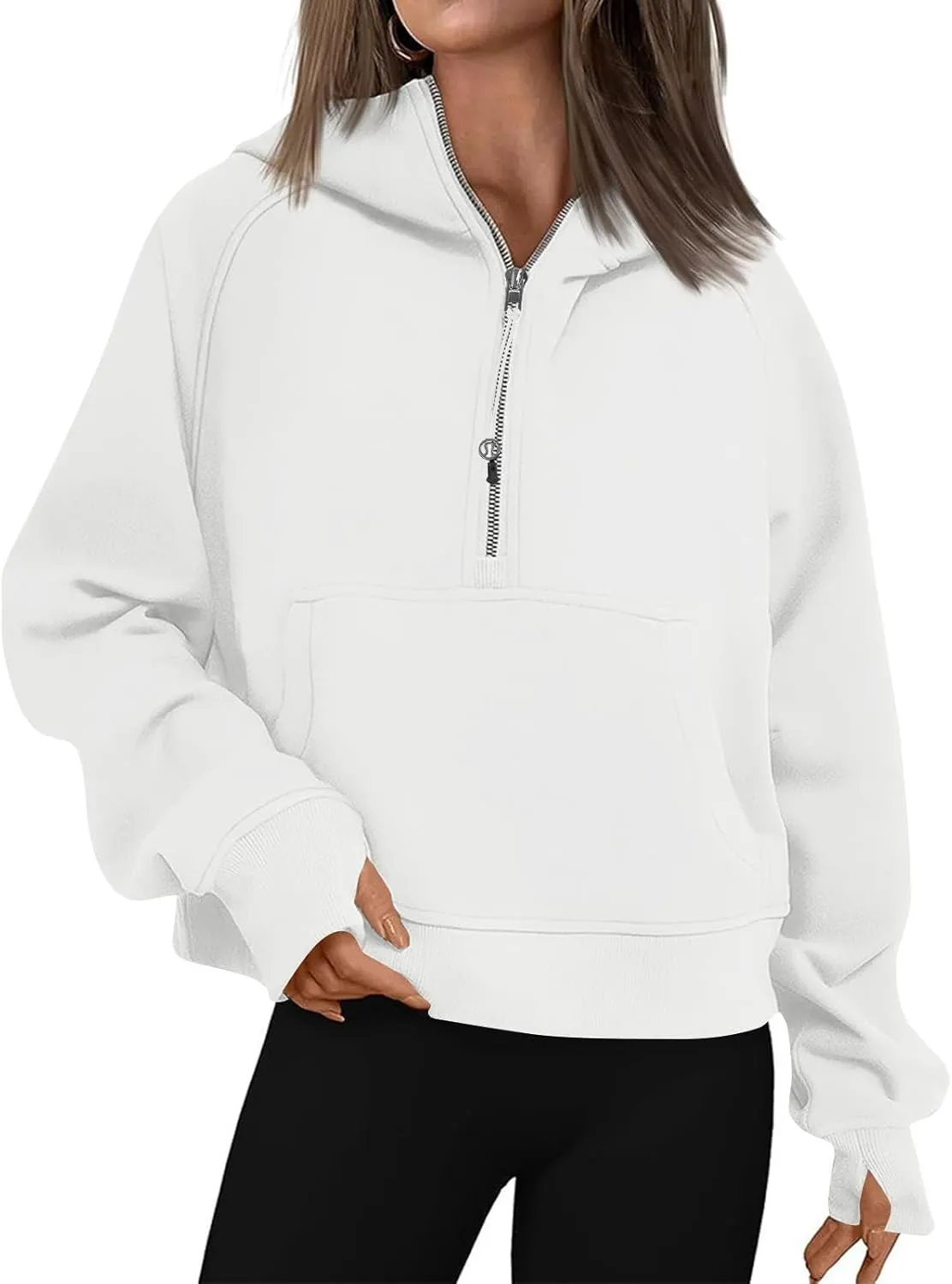 Half Zip Pullover Women Fleece Thumb Hole Cropped Hoodie Y2k Raglan Quarter Zipped Hooded Sweatshirt with Pockets