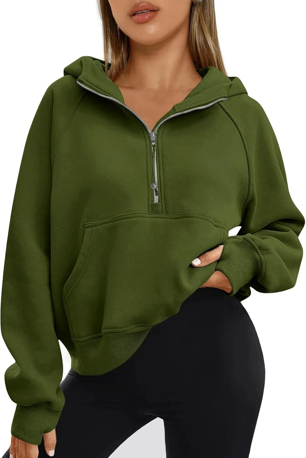 Half Zip Pullover Women Fleece Thumb Hole Cropped Hoodie Y2k Raglan Quarter Zipped Hooded Sweatshirt with Pockets