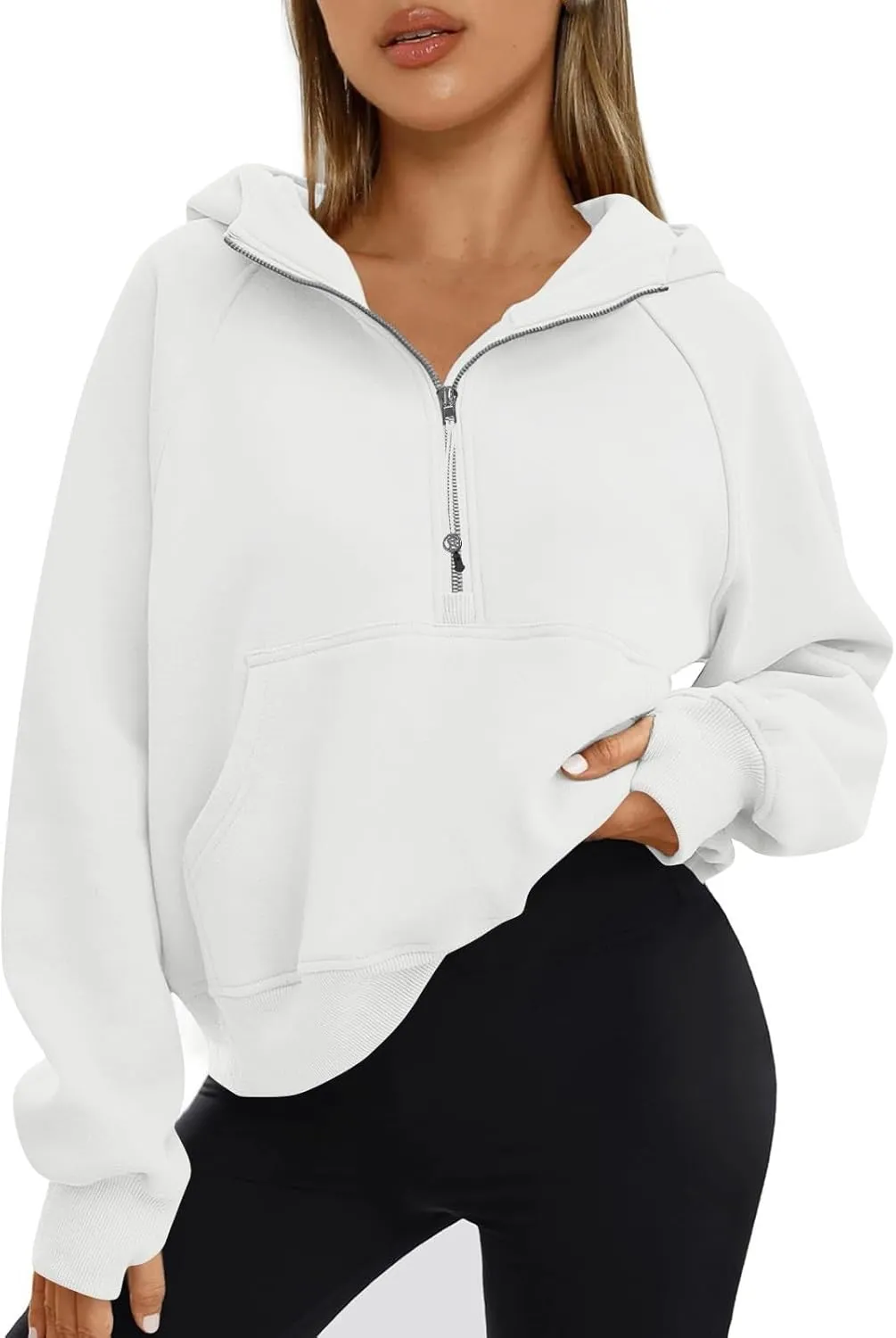 Half Zip Pullover Women Fleece Thumb Hole Cropped Hoodie Y2k Raglan Quarter Zipped Hooded Sweatshirt with Pockets