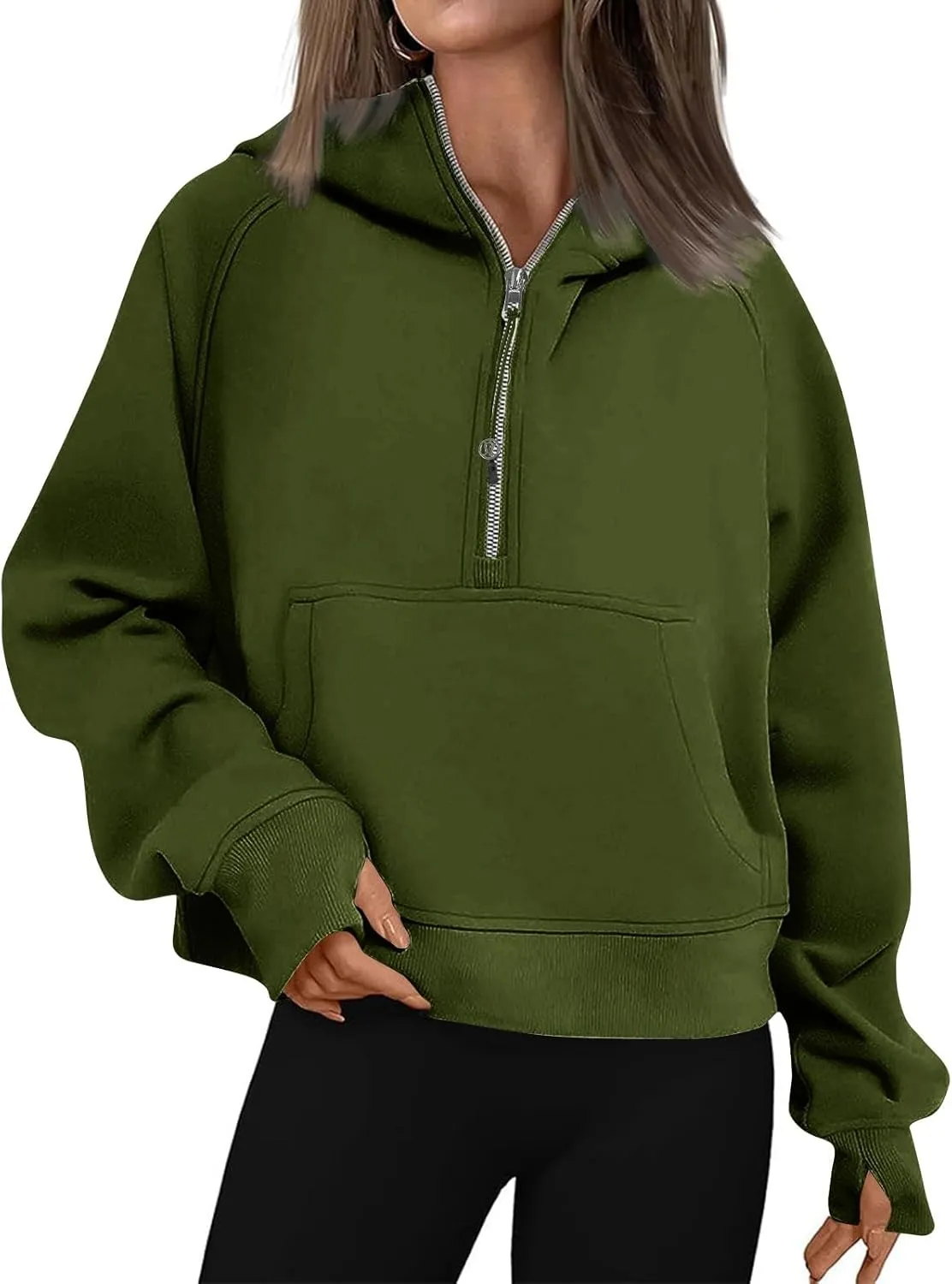 Half Zip Pullover Women Fleece Thumb Hole Cropped Hoodie Y2k Raglan Quarter Zipped Hooded Sweatshirt with Pockets