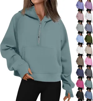 Half Zip Pullover Women Fleece Thumb Hole Cropped Hoodie Y2k Raglan Quarter Zipped Hooded Sweatshirt with Pockets