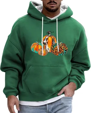 Halloween Hoodies for Men Oversized Drawstring Pullover Top Casual Loose Pumpkin Print Outdoor Long Sleeve Streetwear
