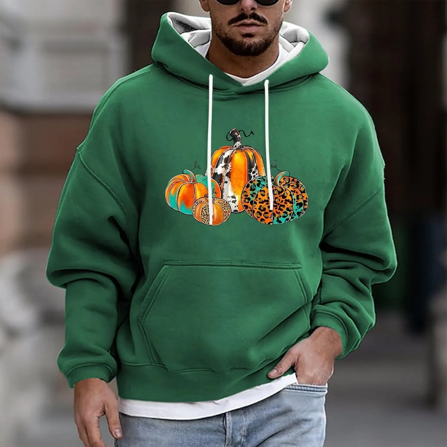 Halloween Hoodies for Men Oversized Drawstring Pullover Top Casual Loose Pumpkin Print Outdoor Long Sleeve Streetwear