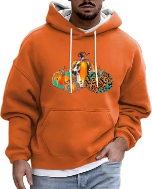 Halloween Hoodies for Men Oversized Drawstring Pullover Top Casual Loose Pumpkin Print Outdoor Long Sleeve Streetwear