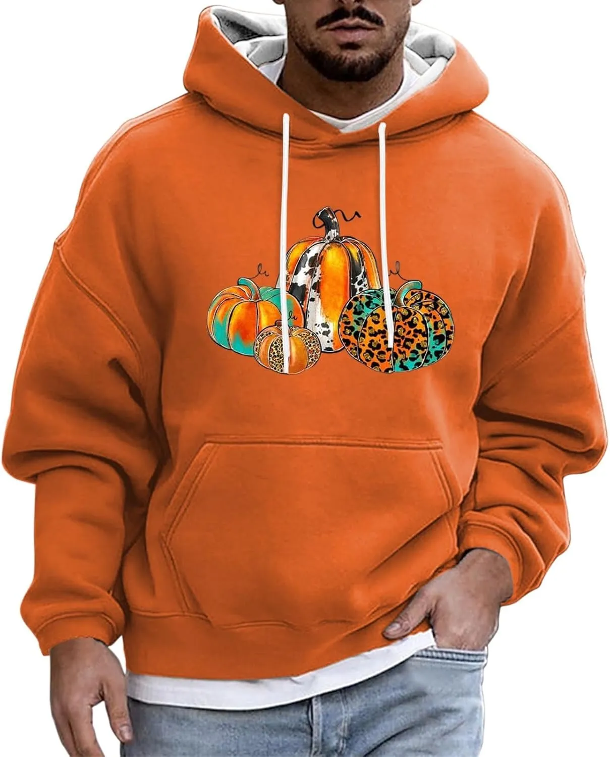 Halloween Hoodies for Men Oversized Drawstring Pullover Top Casual Loose Pumpkin Print Outdoor Long Sleeve Streetwear