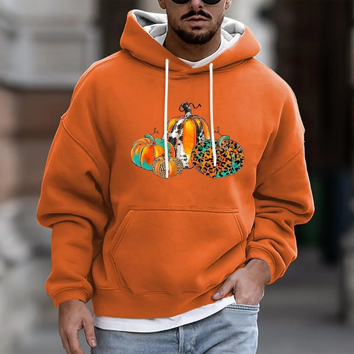 Halloween Hoodies for Men Oversized Drawstring Pullover Top Casual Loose Pumpkin Print Outdoor Long Sleeve Streetwear