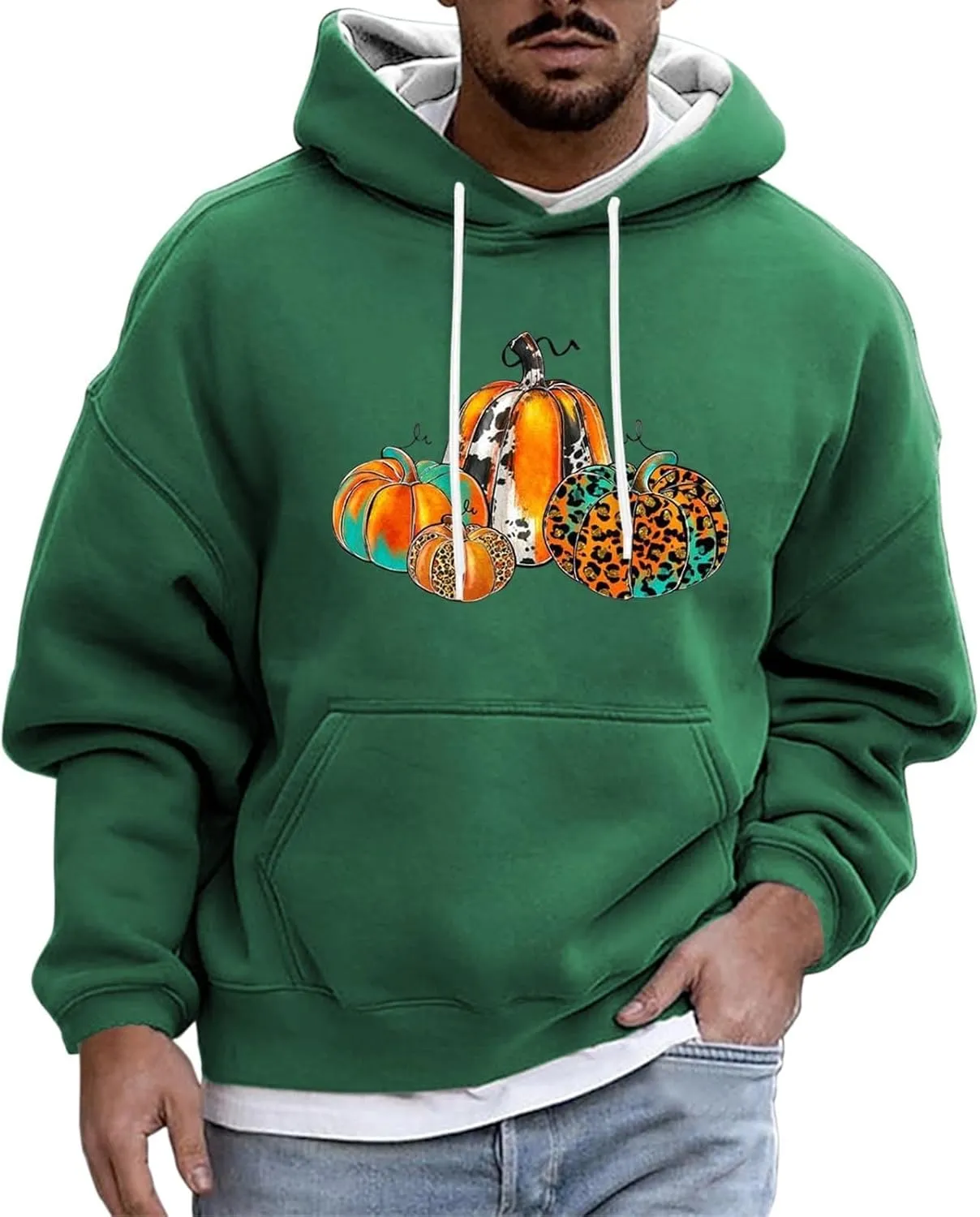 Halloween Hoodies for Men Oversized Drawstring Pullover Top Casual Loose Pumpkin Print Outdoor Long Sleeve Streetwear