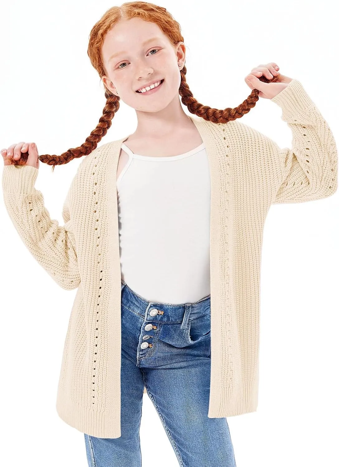 Haloumoning Girls Open Front Cardigan Sweaters Kids Fall Fashion Side Slit Outerwear 5-14 Years