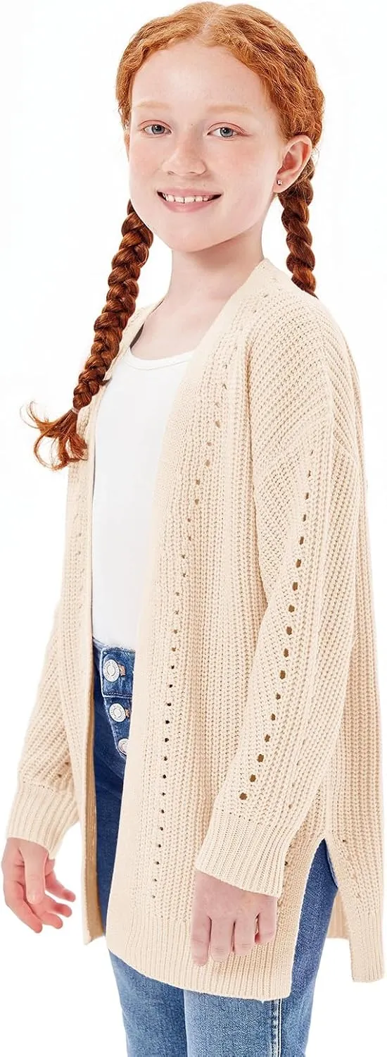 Haloumoning Girls Open Front Cardigan Sweaters Kids Fall Fashion Side Slit Outerwear 5-14 Years