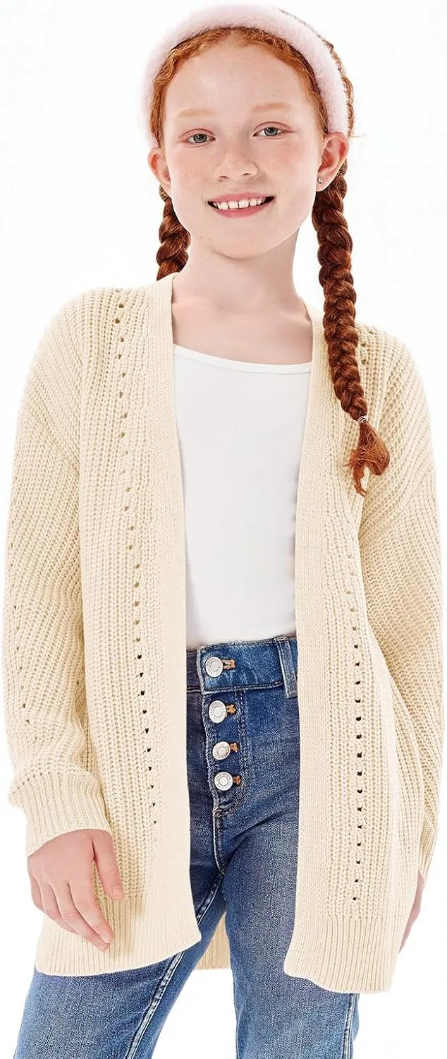 Haloumoning Girls Open Front Cardigan Sweaters Kids Fall Fashion Side Slit Outerwear 5-14 Years