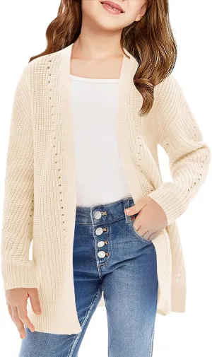 Haloumoning Girls Open Front Cardigan Sweaters Kids Fall Fashion Side Slit Outerwear 5-14 Years