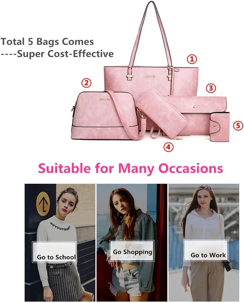Handbag Set for Women 5 Pack Tote Purse Handbags Set PU Leather Satchel Shoulder Crossbody Wallet Card Holder Bag Set, Pink