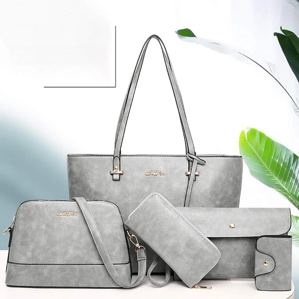 Handbag Set for Women 5 Pack Tote Purse Handbags Set PU Leather Satchel Shoulder Crossbody Wallet Card Holder Bag Set, Pink