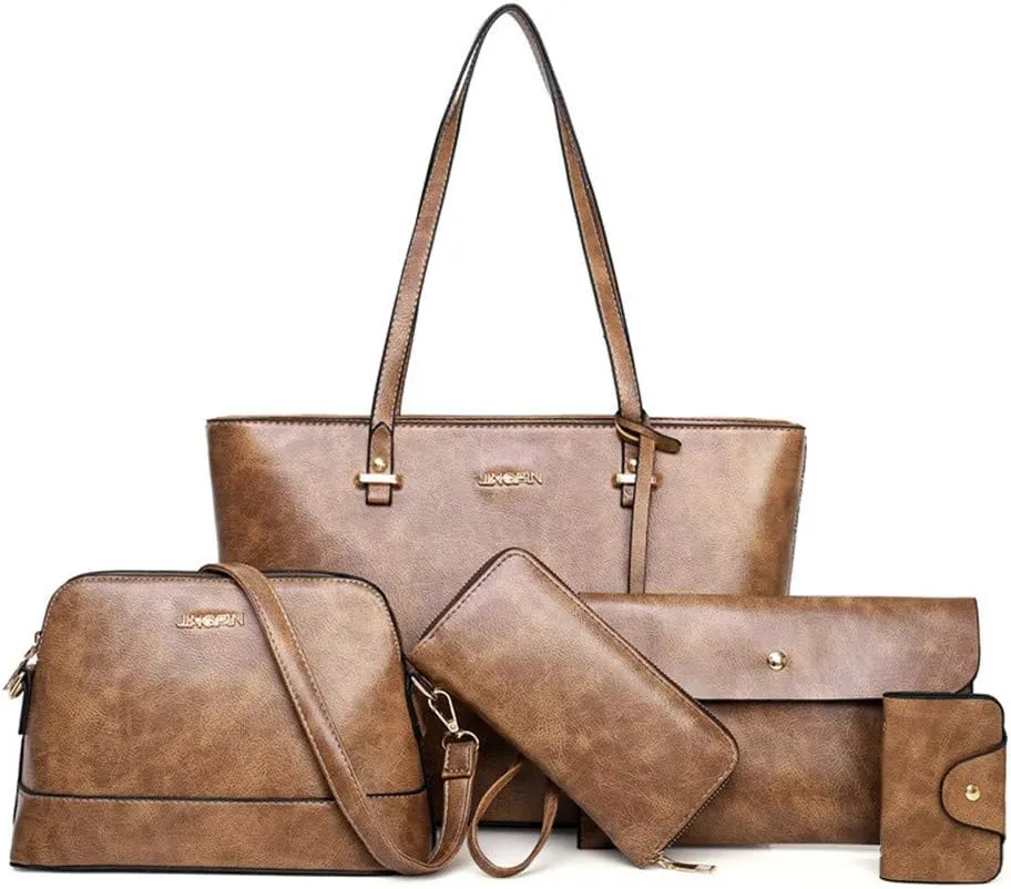 Handbag Set for Women 5 Pack Tote Purse Handbags Set PU Leather Satchel Shoulder Crossbody Wallet Card Holder Bag Set, Pink