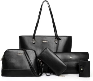 Handbag Set for Women 5 Pack Tote Purse Handbags Set PU Leather Satchel Shoulder Crossbody Wallet Card Holder Bag Set, Pink