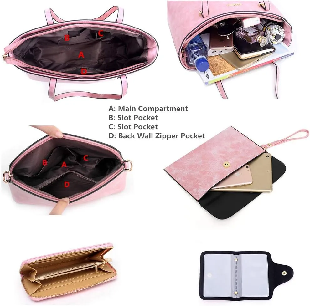 Handbag Set for Women 5 Pack Tote Purse Handbags Set PU Leather Satchel Shoulder Crossbody Wallet Card Holder Bag Set, Pink