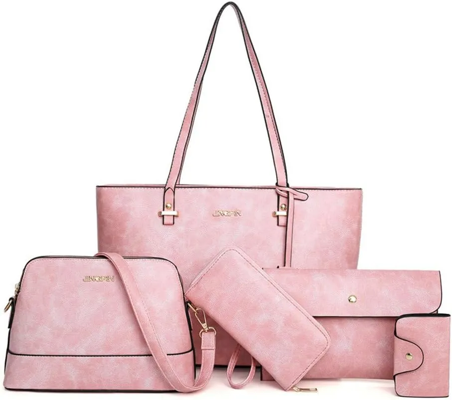 Handbag Set for Women 5 Pack Tote Purse Handbags Set PU Leather Satchel Shoulder Crossbody Wallet Card Holder Bag Set, Pink